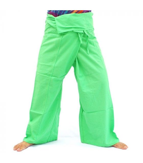 Thai Fisherman Wrap Pants - Solid Green, One Size X-Long, 100% Cotton, Ultra-Comfortable Loose Fit