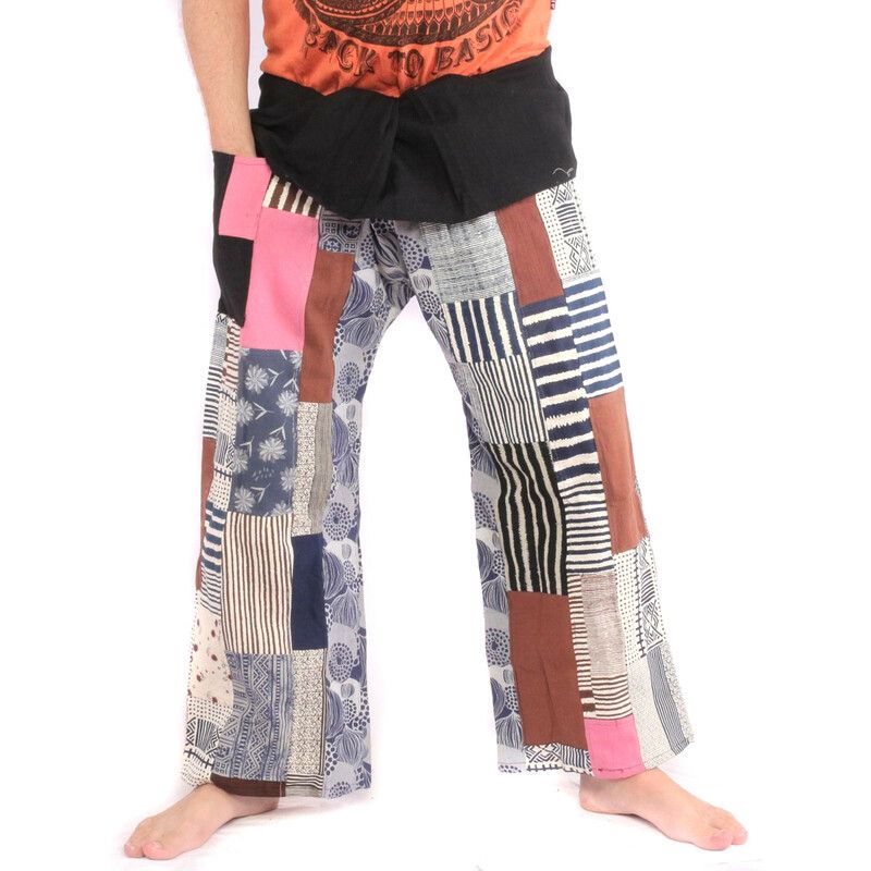 Pantalones de pescador tailandeses de retazos, talla L.