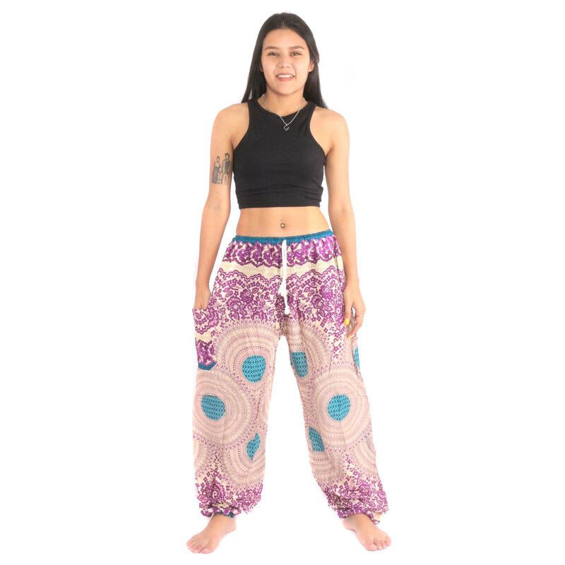 Pantalon thaï Jogger "Kru Larp" roses et nid d'abeille