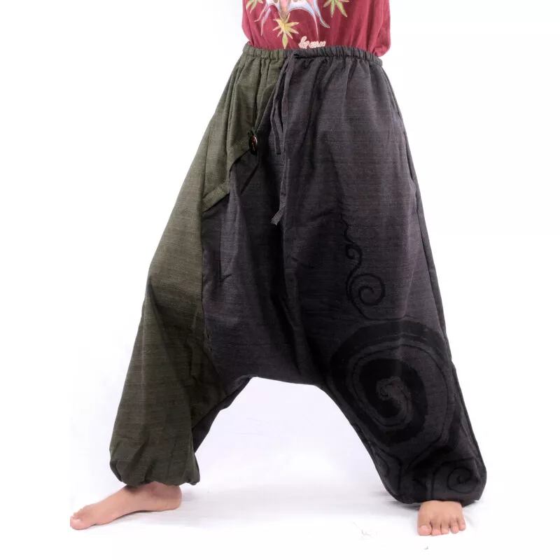 pantalon de harem bicolore vert anthracite imprimé avec spirale