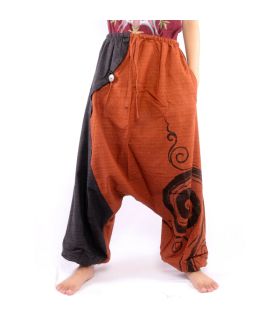 pantalon de harem bicolore orange anthracite imprimé avec spirale