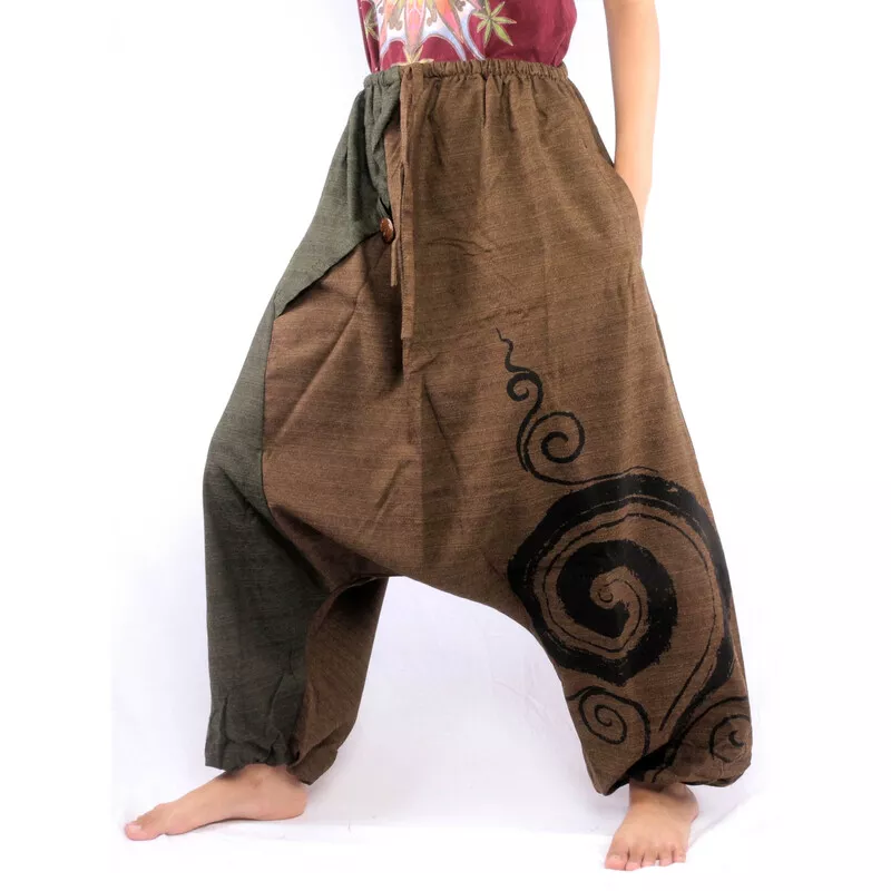 harem pants two-coloured brown green printed with spiral