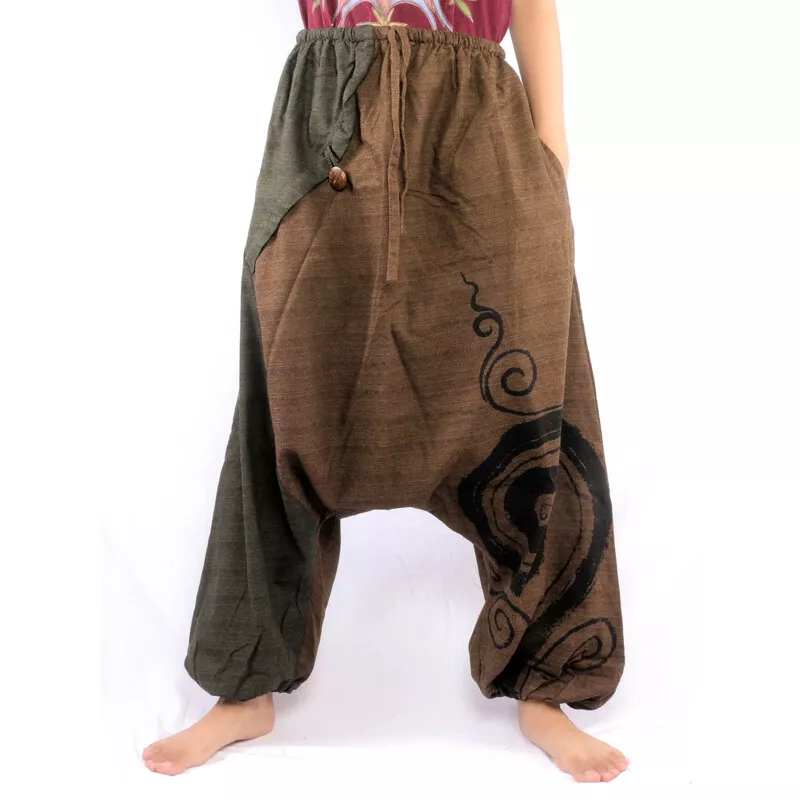 harem pants two-coloured brown green printed with spiral
