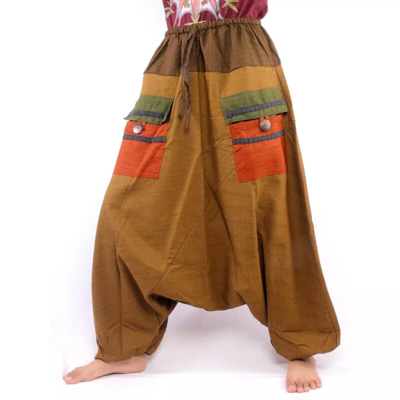 pantalon harem bicolore avec grandes poches et taille à cordon