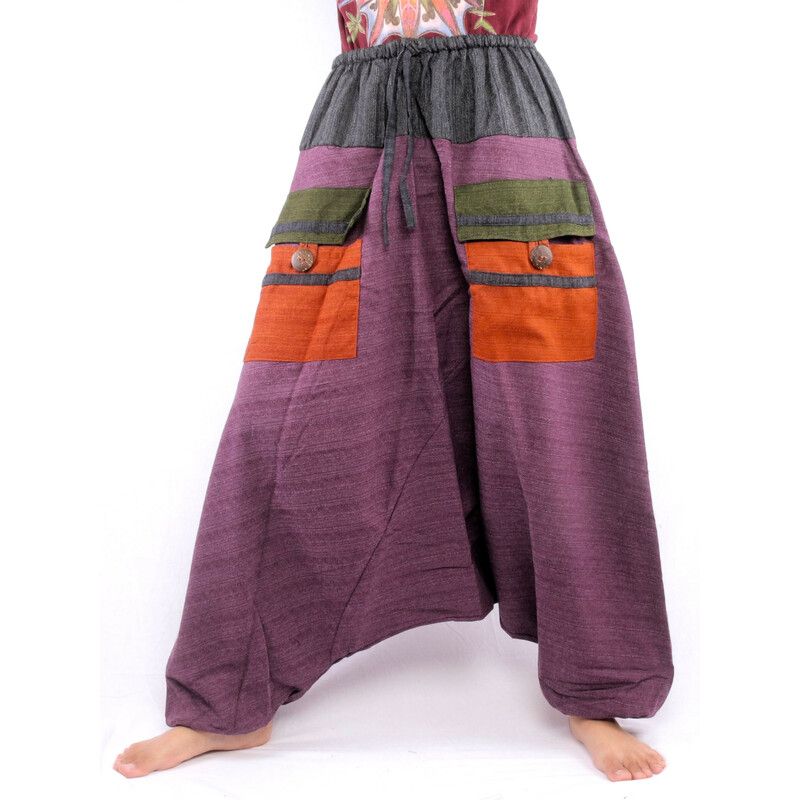 harem pants two-tone with big pockets and drawstring waist magenta black cotton