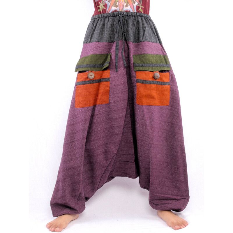 harem pants two-tone with big pockets and drawstring waist magenta black cotton