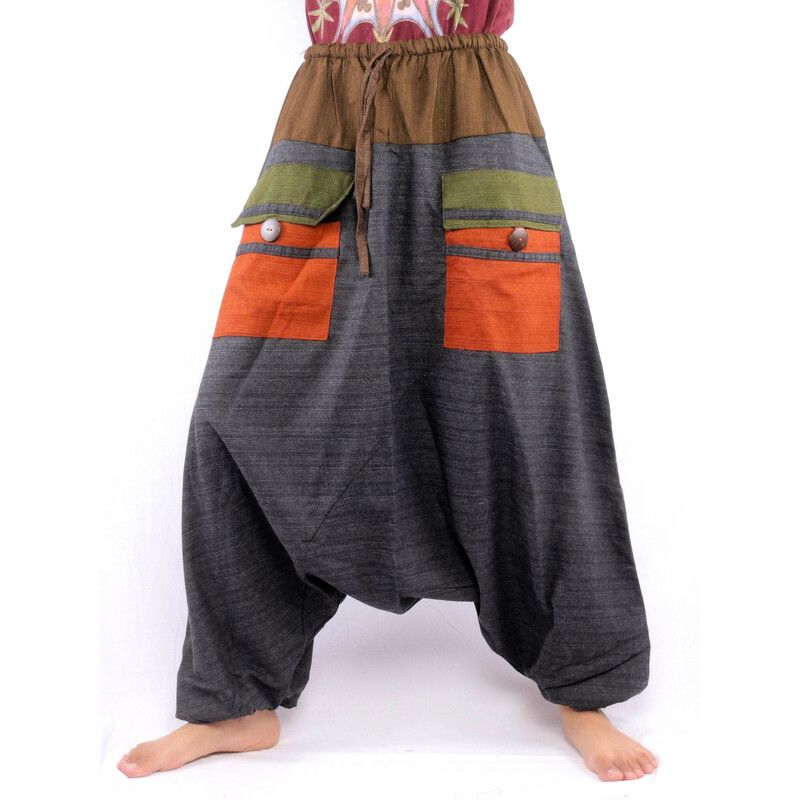 Aladinhose zweifarbig mit großen Taschen und Tunnelzug schwarz braun Baumwolle