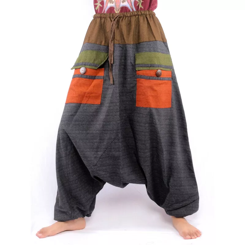 pantalon de harem bicolore avec grandes poches et taille à cordon de serrage en coton brun noir