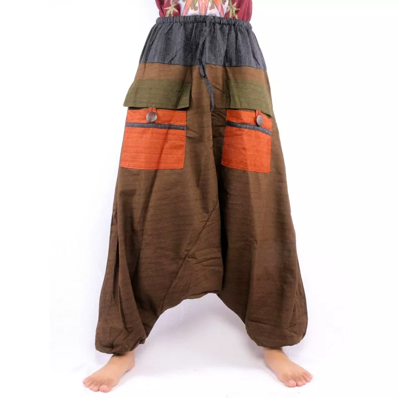 harem pants two-tone with big pockets and drawstring brown black cotton