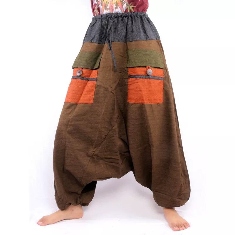harem pants two-tone with big pockets and drawstring brown black cotton