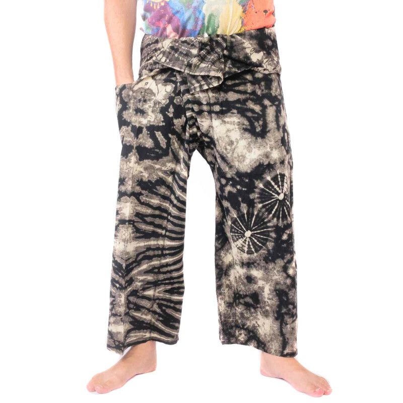 Pantalones de pescador tailandés "Mudmee" Batik negro blanco