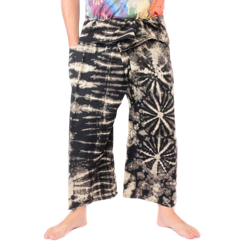 Pantalones de pescador tailandés "Mudmee" Batik negro blanco