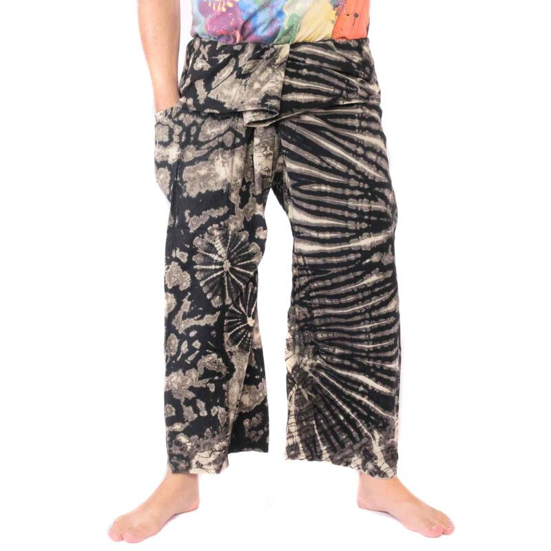 Pantalones de pescador tailandés "Mudmee" Batik negro blanco