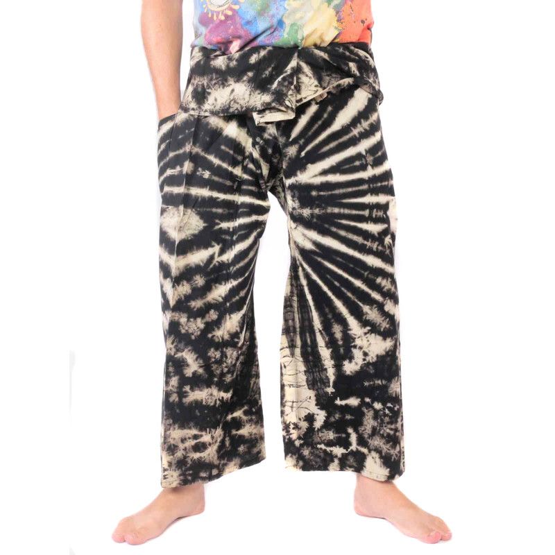 Pantalones de pescador tailandés "Mudmee" Batik negro blanco