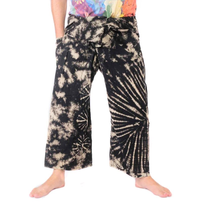 Pantalones de pescador tailandés "Mudmee" Batik negro blanco