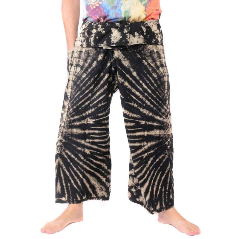 Pantalones de pescador tailandés "Mudmee" Batik negro blanco