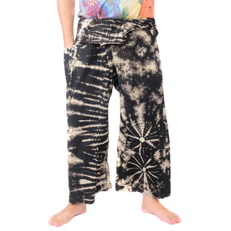 Pantalones de pescador tailandés "Mudmee" Batik negro blanco