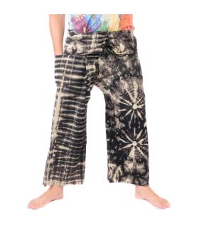 Pantalones de pescador tailandés "Mudmee" Batik negro blanco