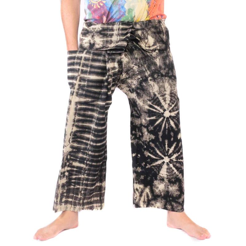 Pantalones de pescador tailandés "Mudmee" Batik negro blanco