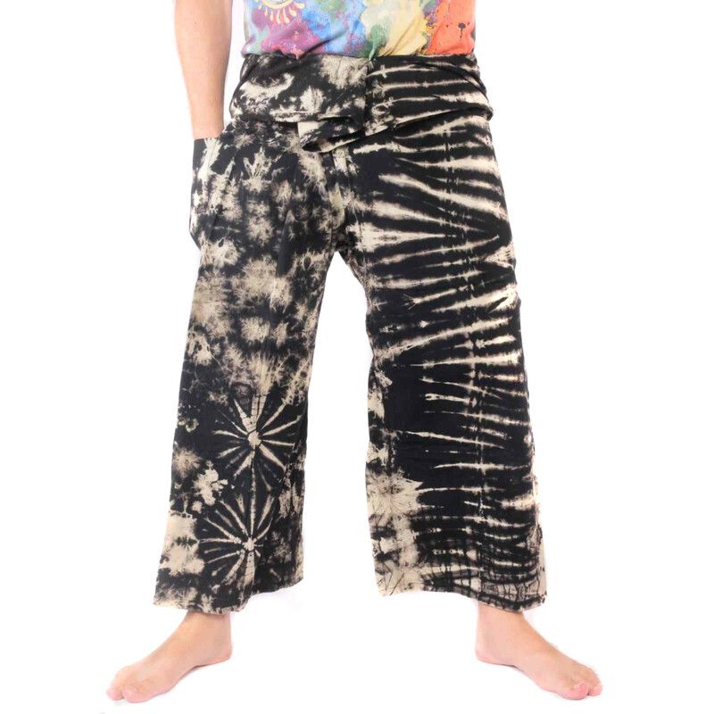 Pantalones de pescador tailandés "Mudmee" Batik negro blanco