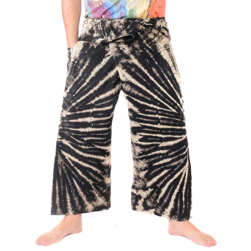 Pantalones de pescador tailandés "Mudmee" Batik negro blanco