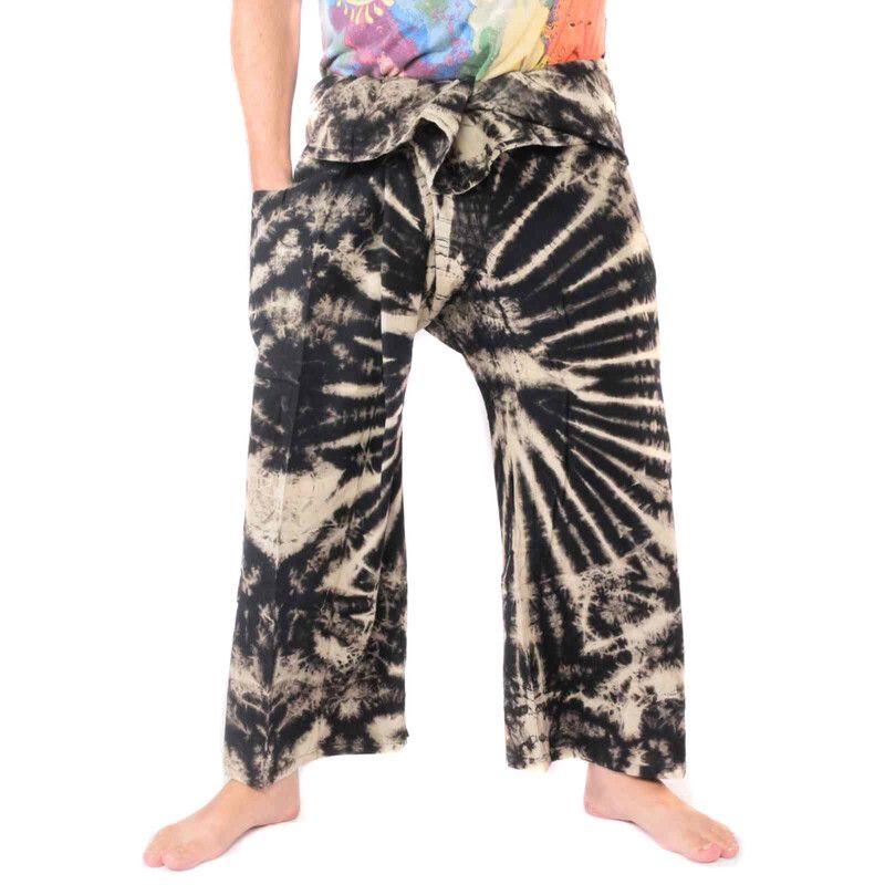 Pantalones de pescador tailandés "Mudmee" Batik negro blanco