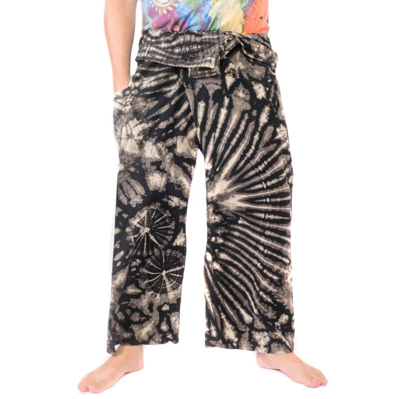 Pantalones de pescador tailandés "Mudmee" Batik negro blanco