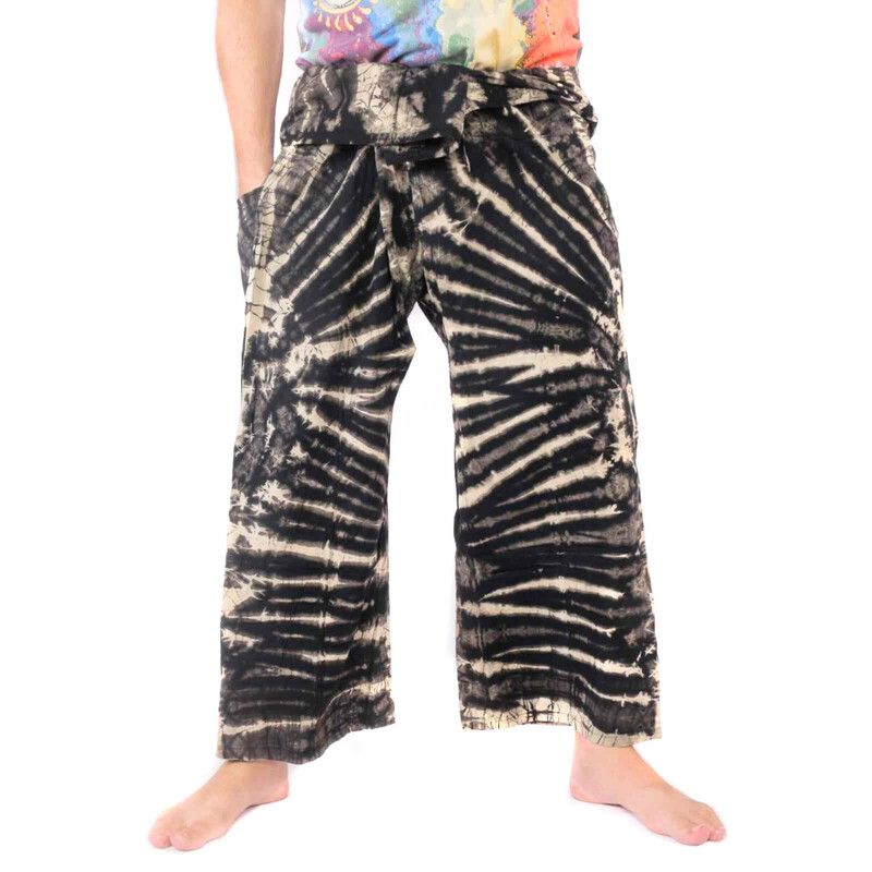 Pantalones de pescador tailandés "Mudmee" Batik negro blanco