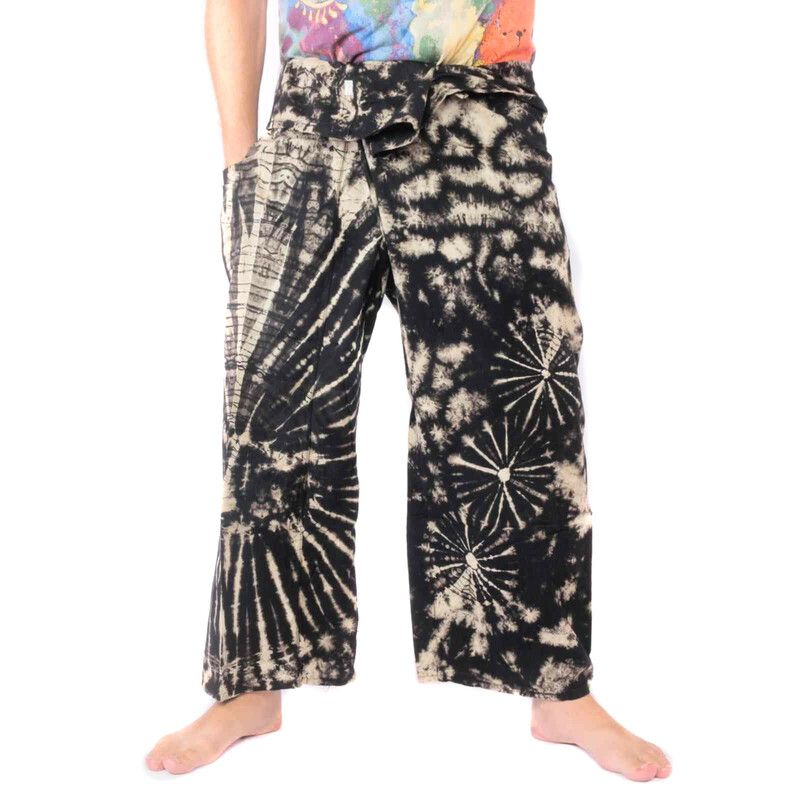 Pantalones de pescador tailandés "Mudmee" Batik negro blanco