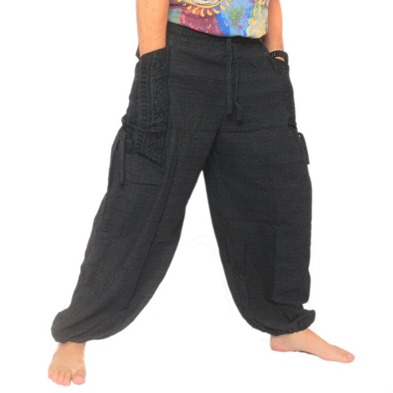 Pantalones Harem pantalones de meditación grandes bolsillos laterales Om Dharmachakra pies Budas de algodón antracita