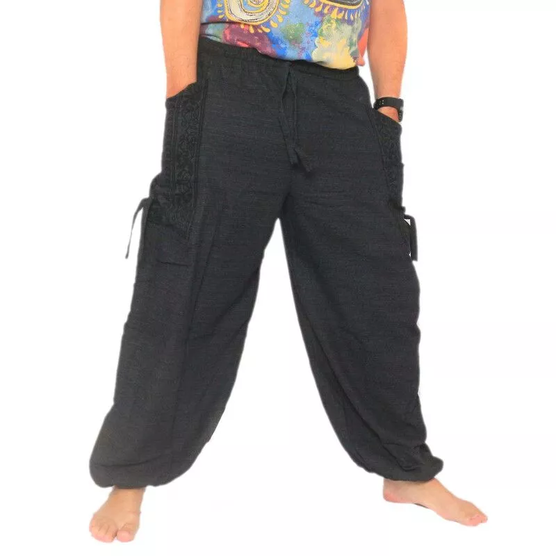Sarouel pantalon de méditation grandes poches latérales Om Dharmachakra pieds Bouddhas coton anthracite