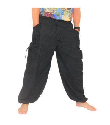 Sarouel pantalon de méditation grandes poches latérales Om Dharmachakra pieds Bouddhas coton anthracite