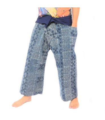 Pantalon bouffant thaïlandais authentique de Chiang Mai - Imprimé indigo sur coton épais (Taille M)