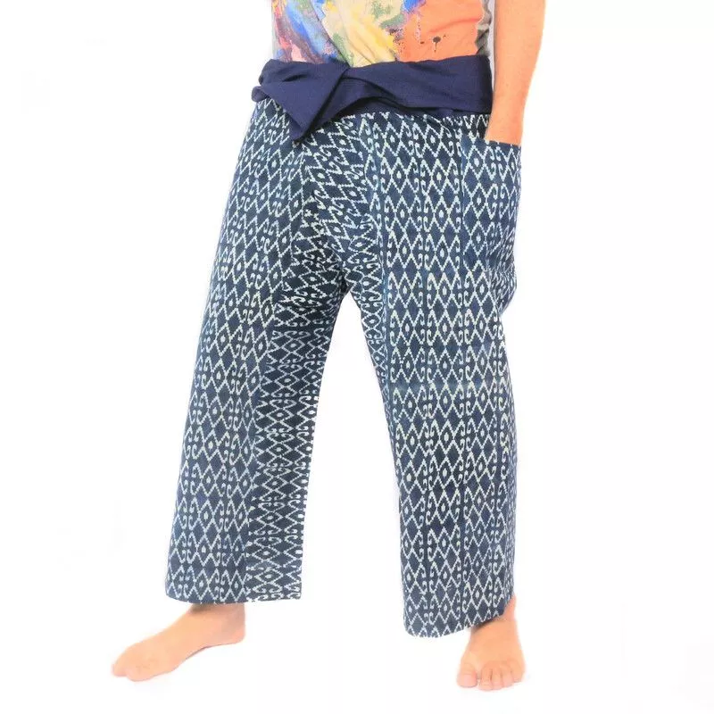 Authentic Thai Fisherman Pants from Chiang Mai - Indigo Print on Heavy Cotton (Size M)