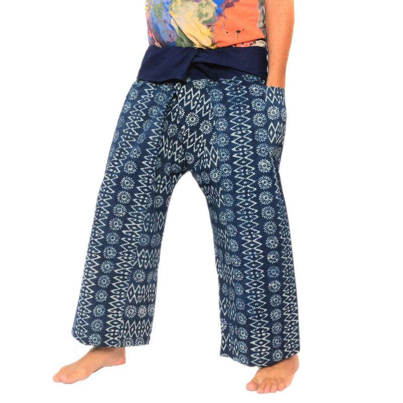 Authentic Thai Fisherman Pants from Chiang Mai - Indigo Print on Heavy Cotton (Size M)