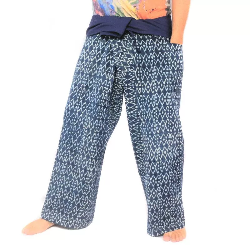 Authentische Thai Wickelhose aus Chiang Mai - Indigo Druck auf schwerer Baumwolle (Größe L)
