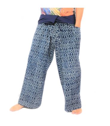 Pantalon bouffant thaïlandais authentique de Chiang Mai - Imprimé indigo sur coton épais (Taille L)