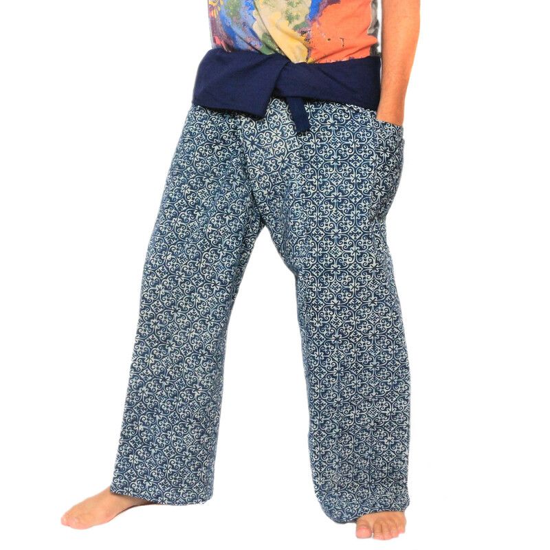 Pantalon bouffant thaïlandais authentique de Chiang Mai - Imprimé indigo sur coton épais (Taille L)