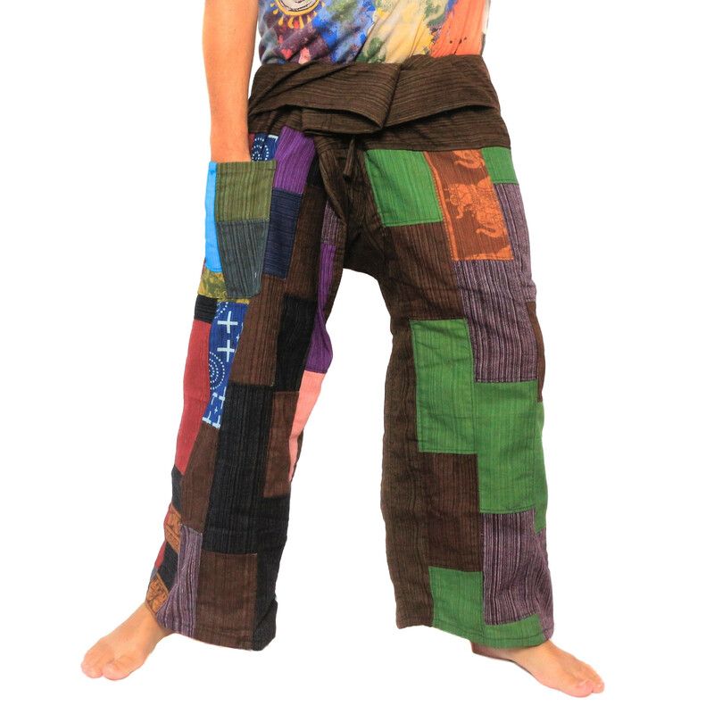 Pantalones de pescador tailandeses de retazos, talla XL