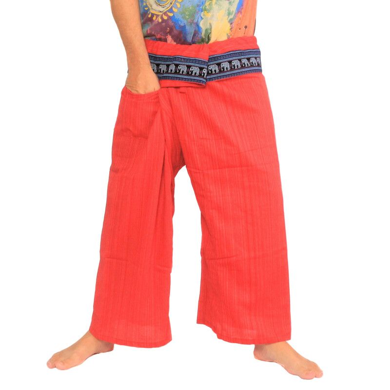 Pantalon de pêcheur thaïlandais avec bordure rouge à motif d'éléphant