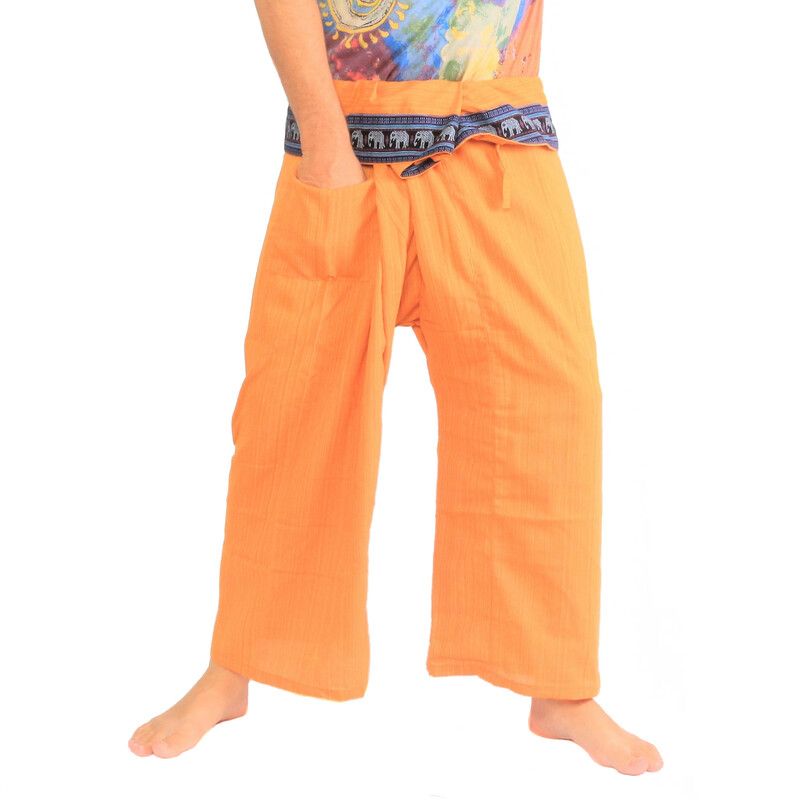 Pantalon de pêcheur thaïlandais avec bordure à motif d'éléphant - coton - jaune ocre