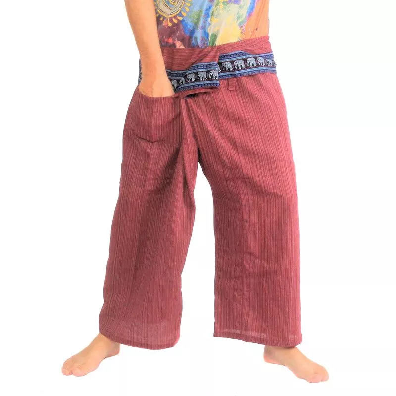 Pantalon de pêcheur thaïlandais avec bordure à motif d'éléphant - coton - rouge foncé