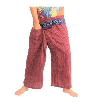 Thai Fischerhose mit Elefanten Muster Borte - Baumwolle - dunkelrot