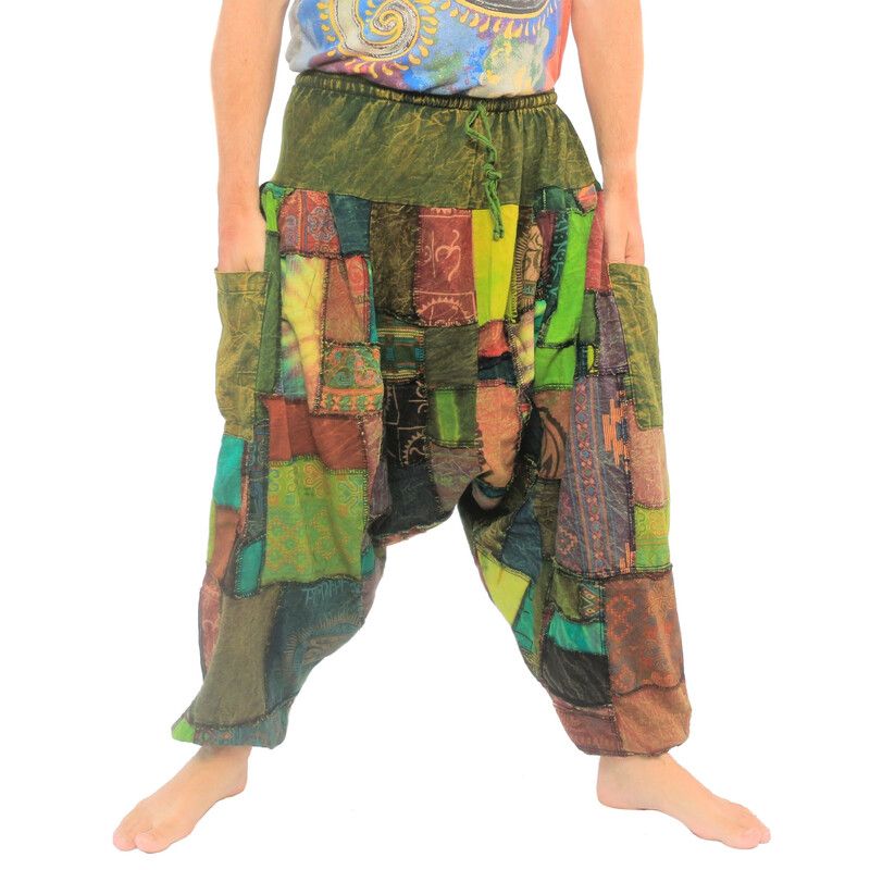 Pantalón Aladdin confeccionado en 100% algodón - Om diseño patchwork lavado a la piedra