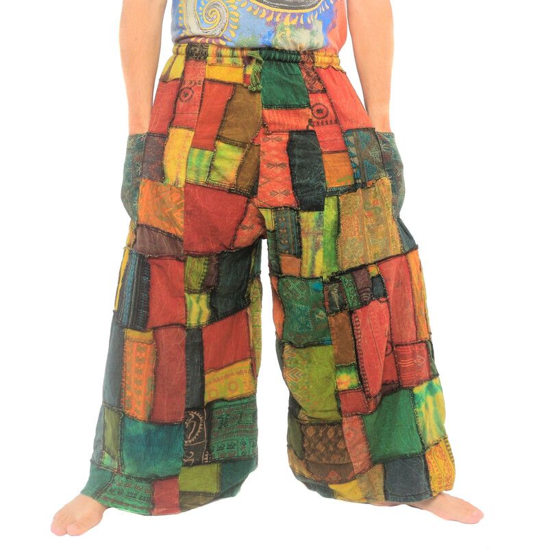 Pantalón hippie acampanado con diseño patchwork lavado a la piedra – 100% algodón