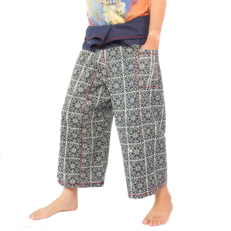 Pantalon de pêcheur thaïlandais de Chiang Mai, coton lourd imprimé indigo