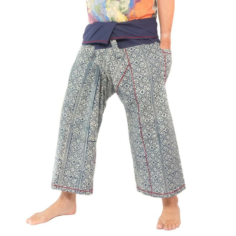 Pantalon de pêcheur thaïlandais de Chiang Mai, coton lourd imprimé indigo