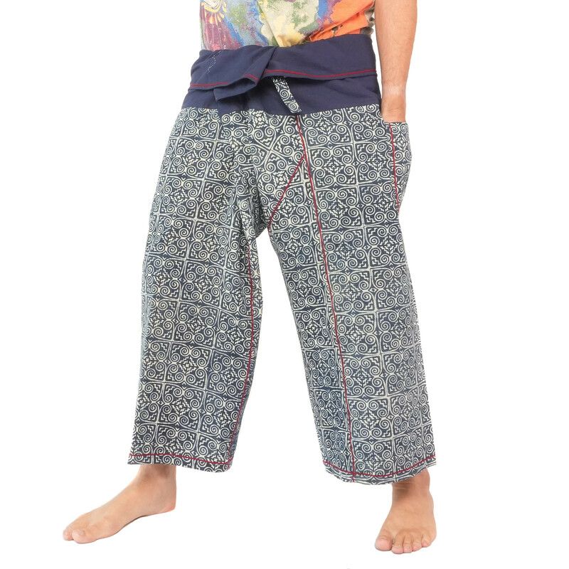 Pantalon de pêcheur thaïlandais de Chiang Mai, coton lourd imprimé indigo