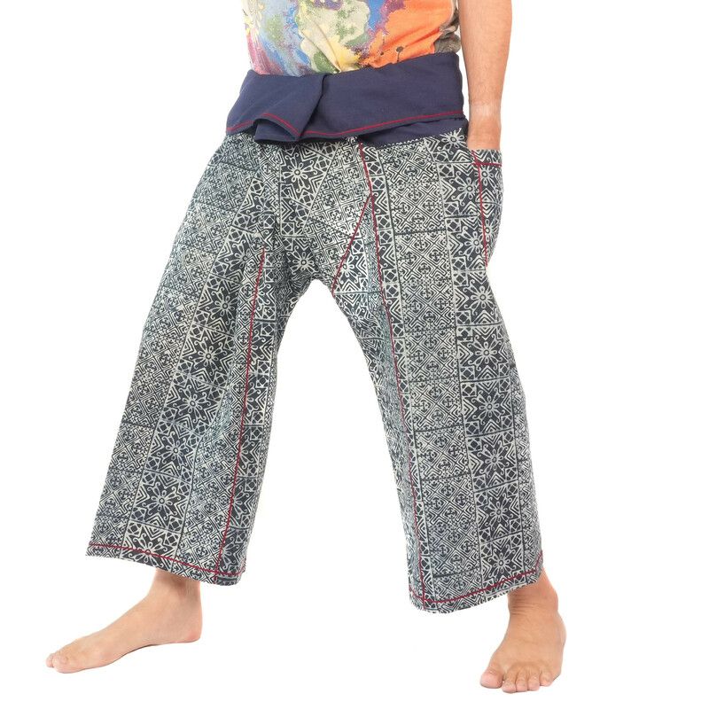 Pantalon de pêcheur thaïlandais de Chiang Mai, coton lourd imprimé indigo