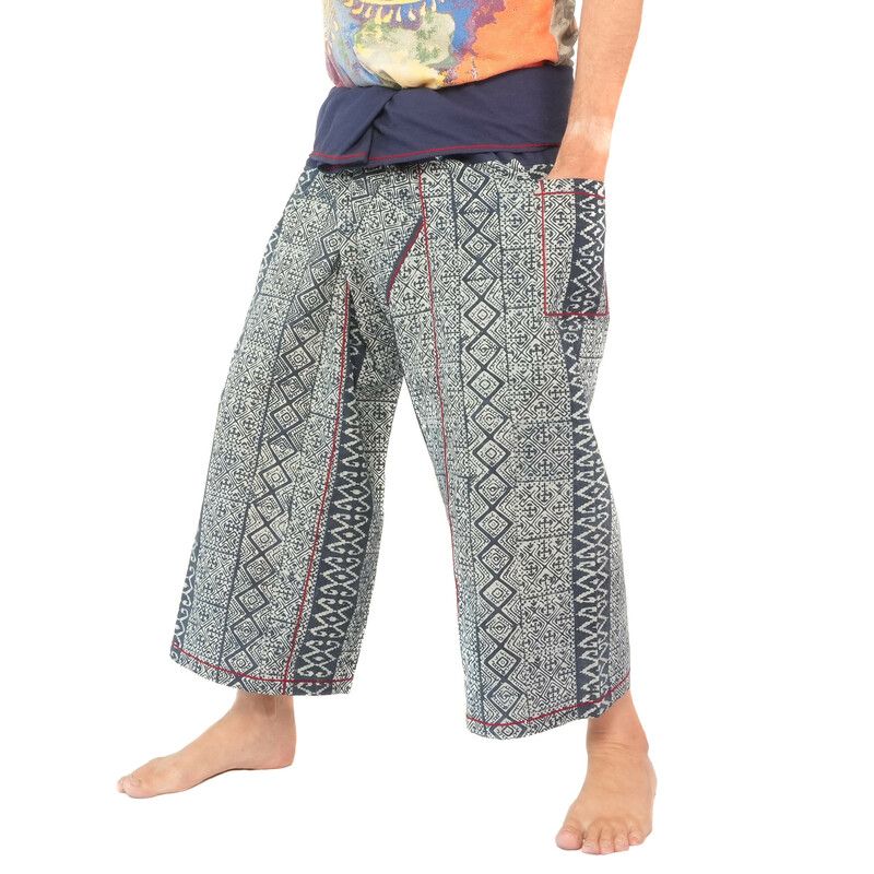 Pantalon de pêcheur thaïlandais de Chiang Mai, coton lourd imprimé indigo